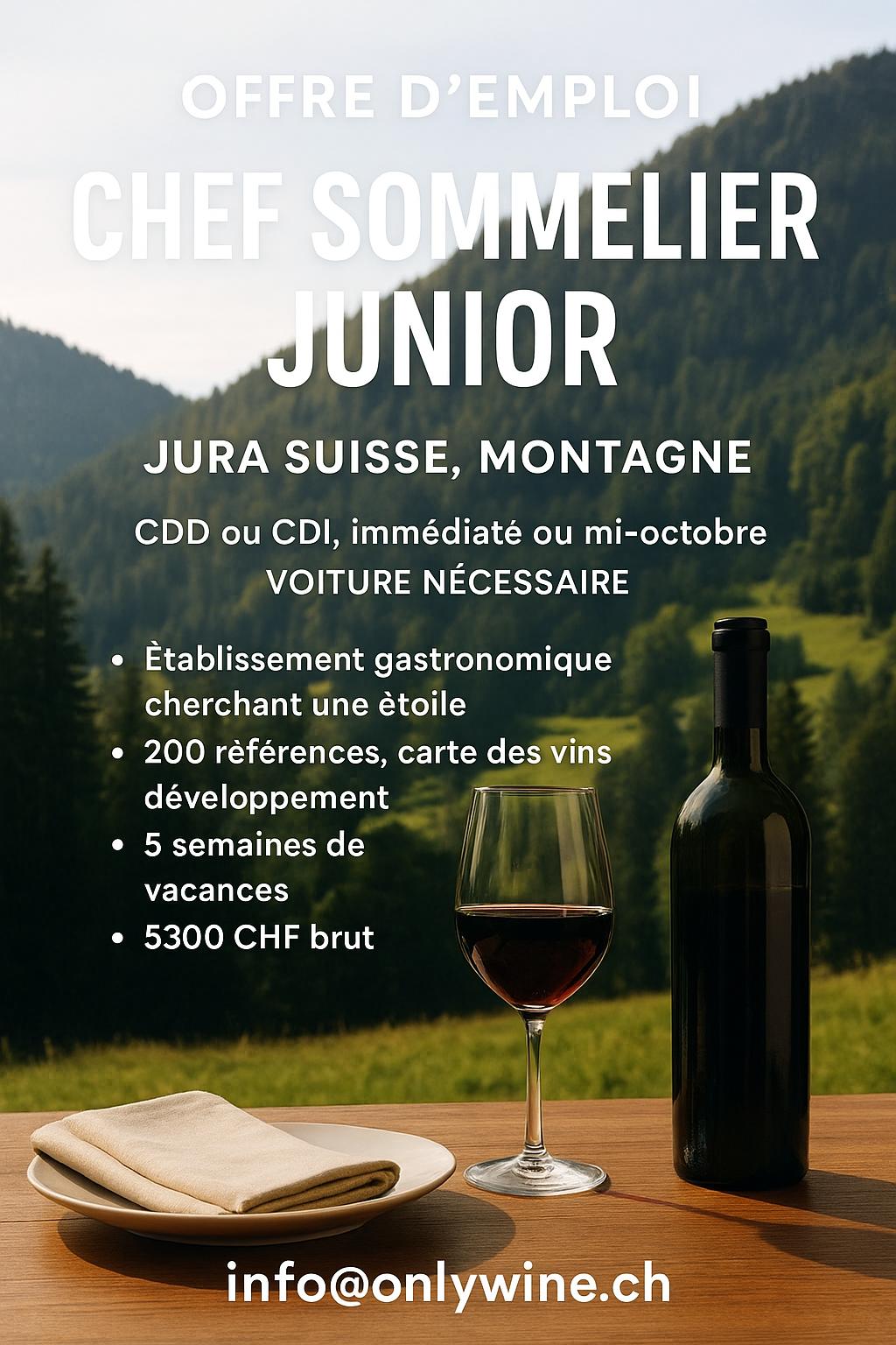 🍷 Poste à pourvoir : Chef Sommelier Junior (H/F) à 15 km de la frontière franco-suisse et à 25 minutes de Delémont